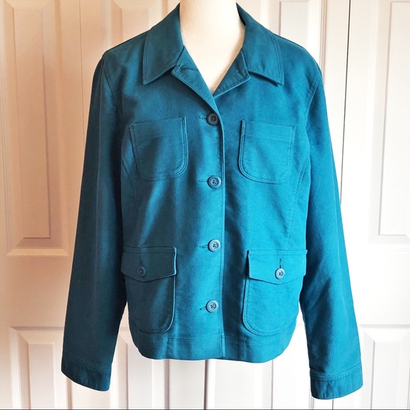 LL Bean Turquoise Blue Faux Suede Button Down Utility Jacket Large - Picture 1 of 15